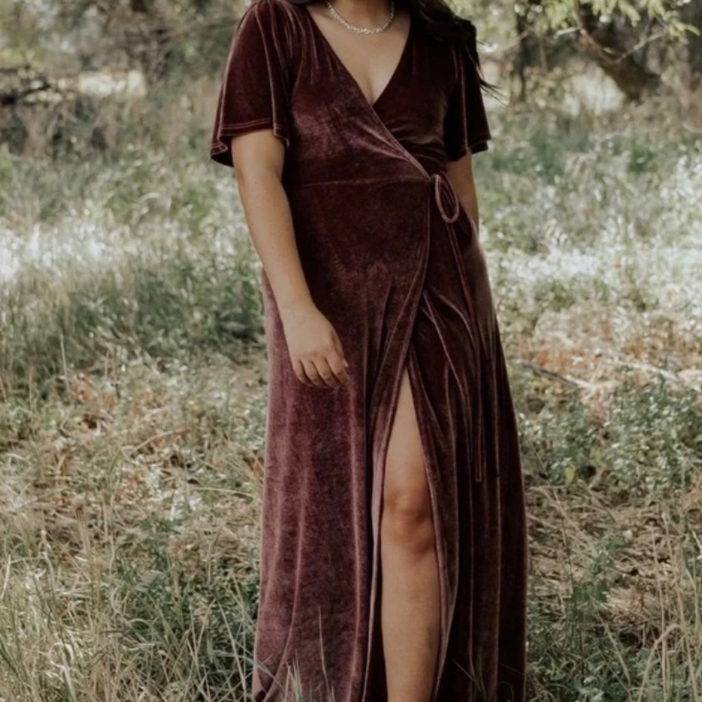 Baltic Born Purple velvet wrap maxi dress hemmed length